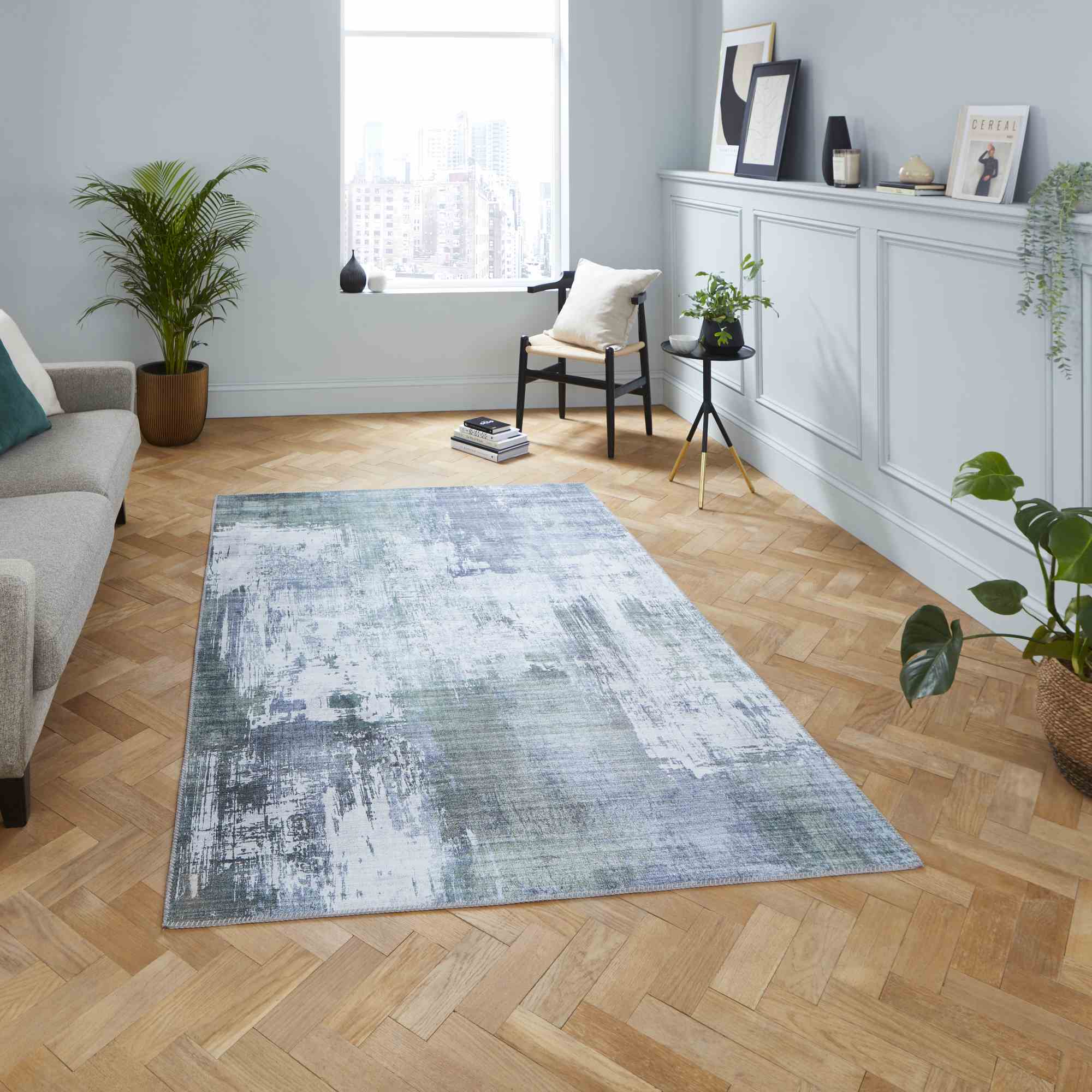 Rio G5536 Modern Distressed Abstract Rug In Grey Green